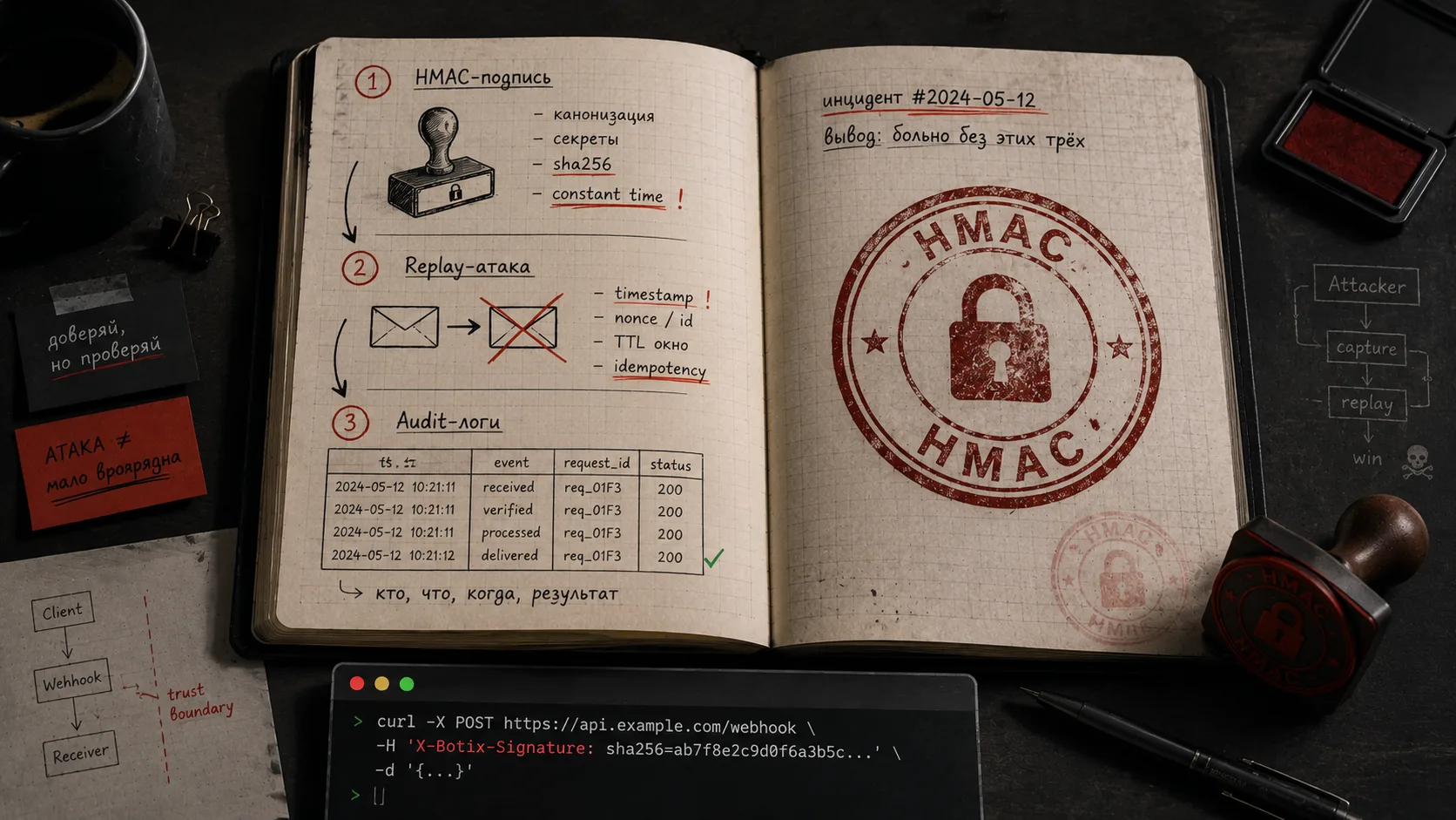 Три грабли в webhook-receiver: HMAC, replay, audit-лог